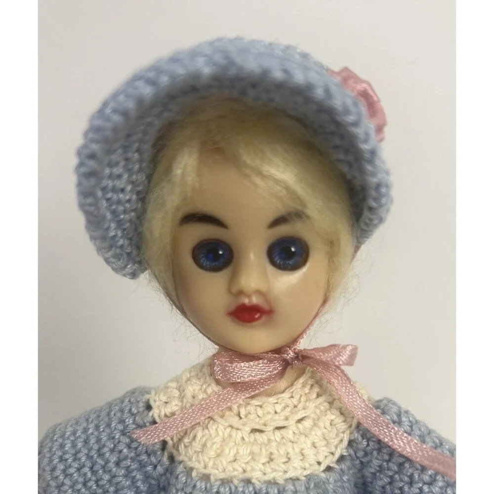 Vintage Plastic Doll Handmade Crocheted Blue DressBlonde Hair Blue Blinking Eyes